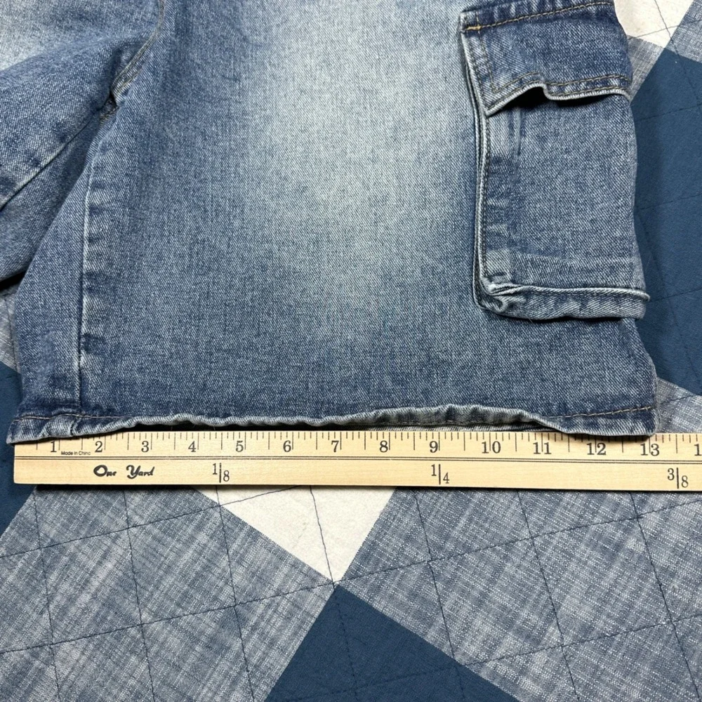 Faded Mens Cargo Baggy Denim Shorts Medium Wash Elastic Waist Drawstring Size M